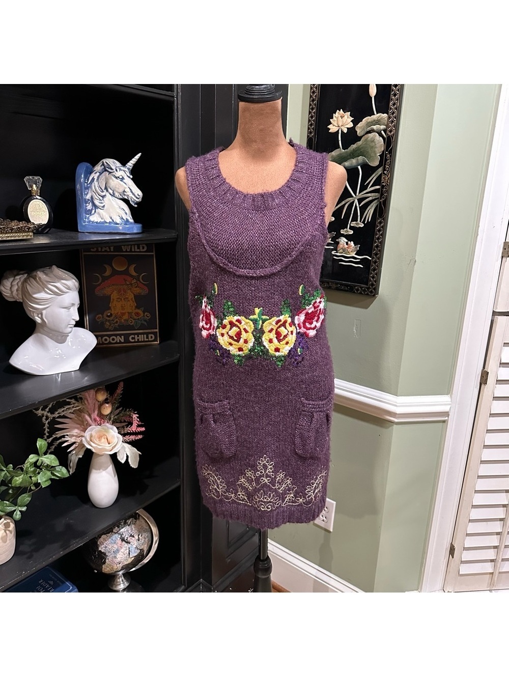 Desigual Wool & Mohair Floral Embroidered Tunic Dress – Purple – Size Medium